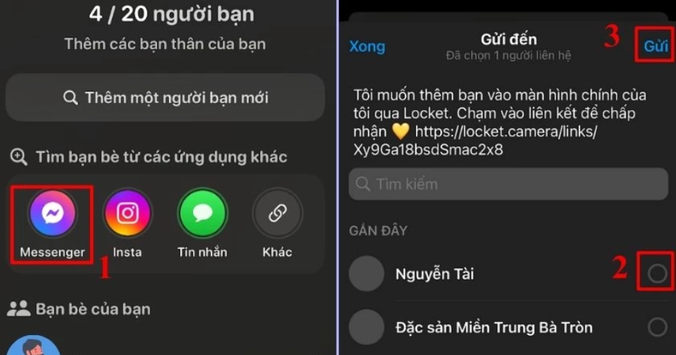 Chọn người bạn muốn gửi link Locket, sau đó nhấn Gửi