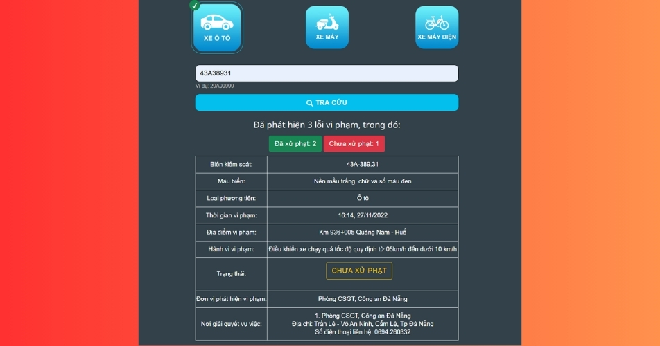 Lúc này website sẽ hiển thị thông tin vi phạm