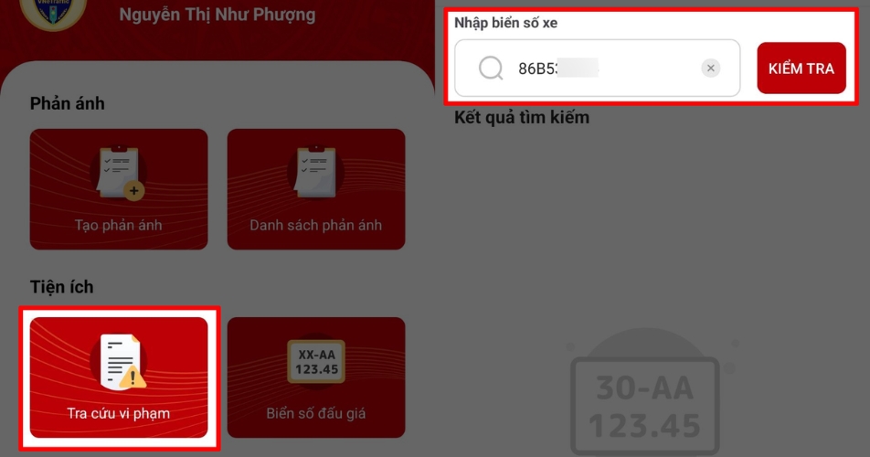 Tiến hành nhập biển số xe để kiểm tra thông tin