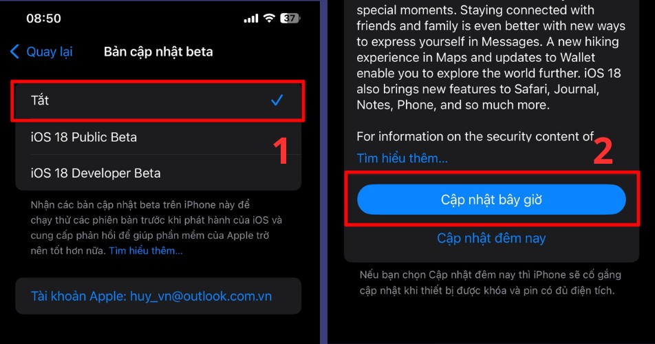 bấm Cập nhật bây giờ để cập nhật iOS 18 chính thức