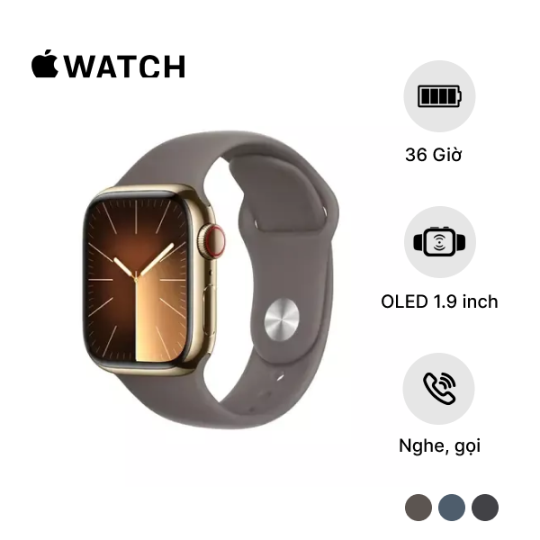 Apple Watch Series 9 (LTE) 41mm Viền Thép, Dây Cao Su Chính Hãng S/M